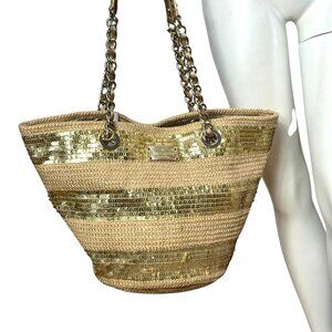 Kate Spade woven tote bag with gold sequins and gold leather and chain handles